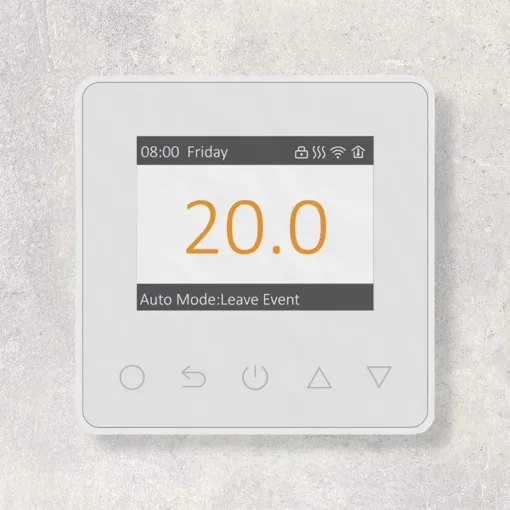 Amber dt-2+ plus white wifi thermostat with a seven day programe and a modern colour screen.